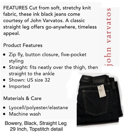 John Varvatos, 29” Waist, Men’s, Black Jeans, Straight Leg, Slim, Designer, NWT! - Picture 9 of 12